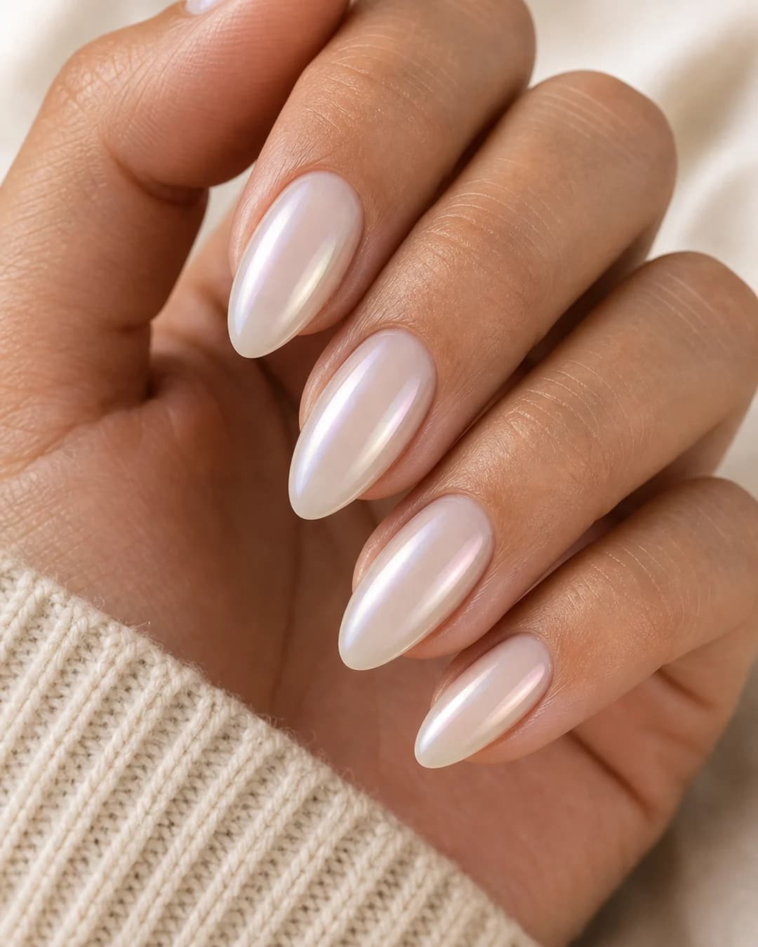 Uñas con efecto glazed donut lechoso suave y brillo perlado discreto
