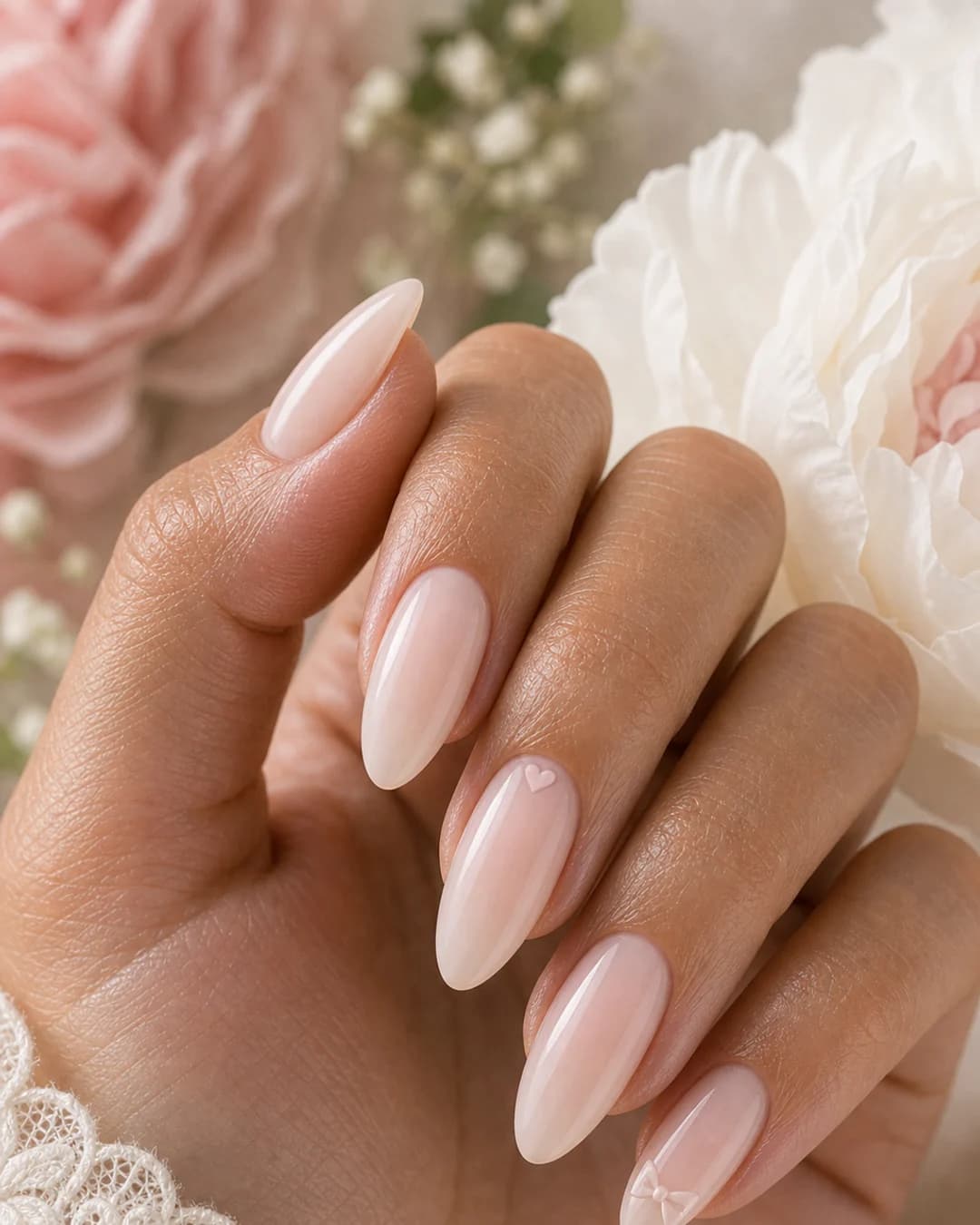 Uñas nude lechoso con un microcorazón rosa palo pintado en el anular