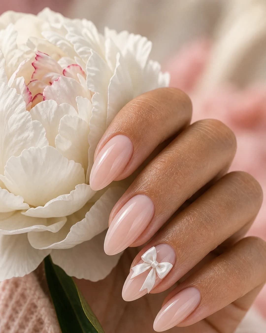 Uñas rosa palo lechoso con lazo 3D blanco de raso en el anular