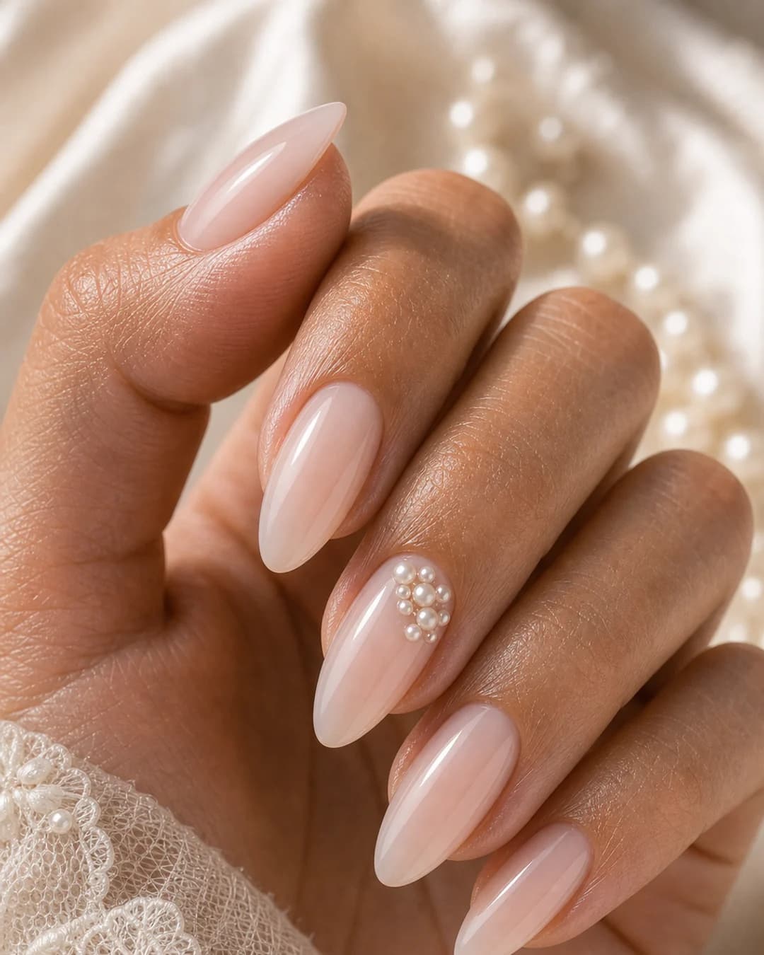 Uñas rosa palo con cluster de microperlas decorativas en la cutícula del anular