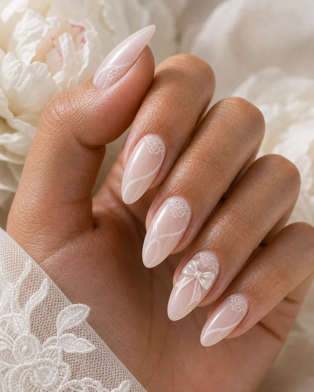 Uñas novia con cinta blanca delicada y micro encaje coquette