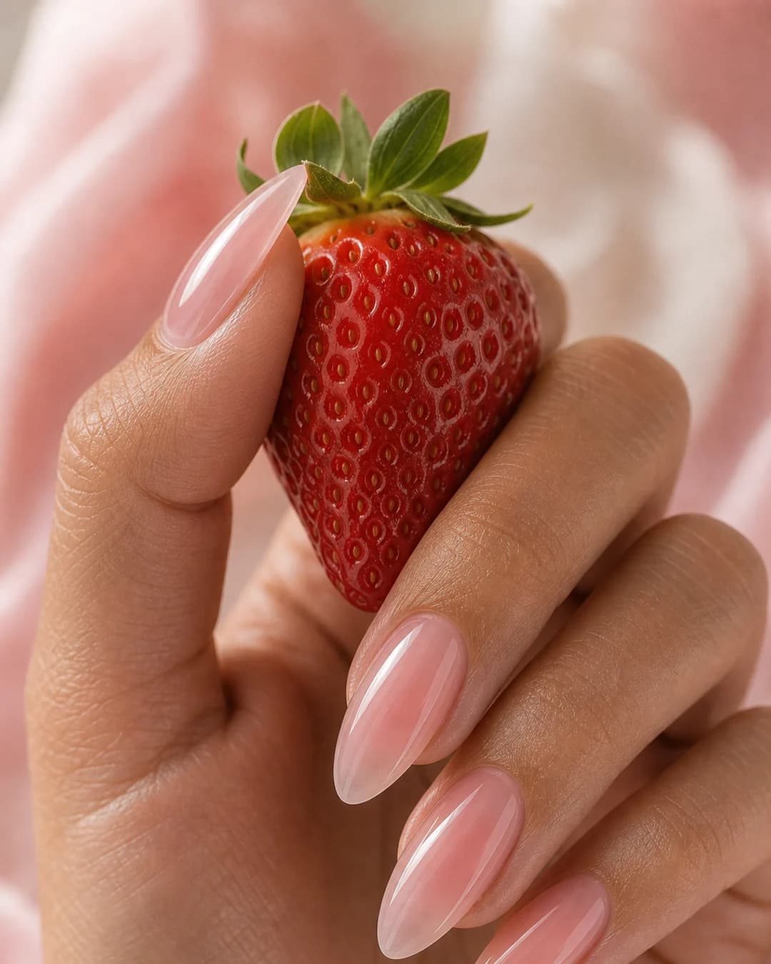 Uñas en rosa pálido jelly translúcido tipo strawberry milk coquette