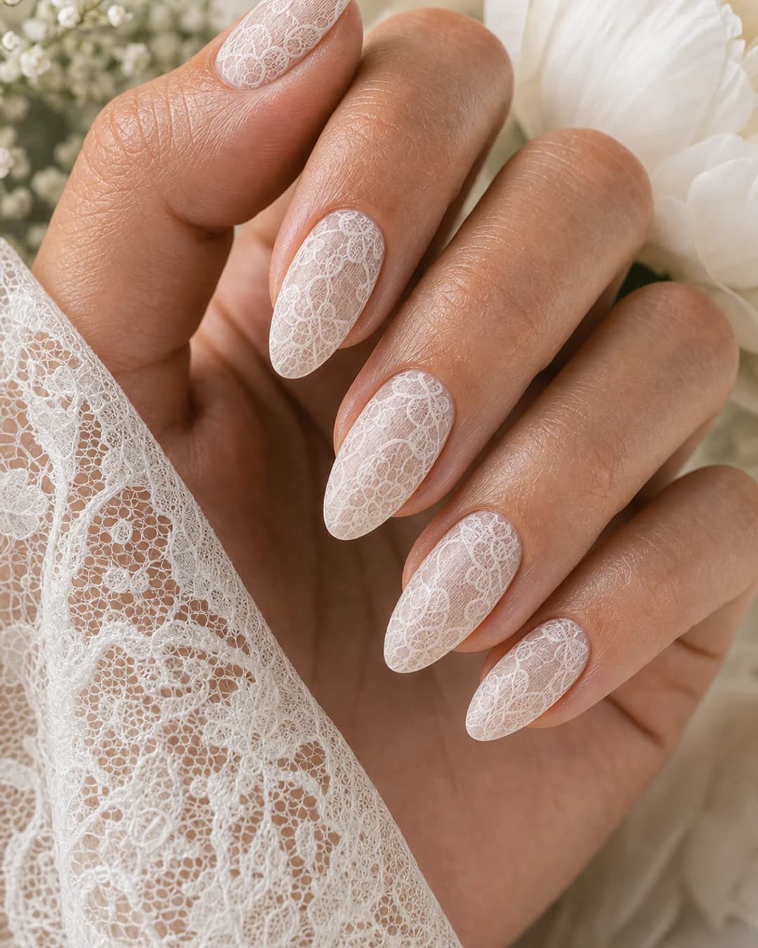 Uñas novia con efecto encaje translúcido blanco hiperrealista Pinterest Predicts 2026