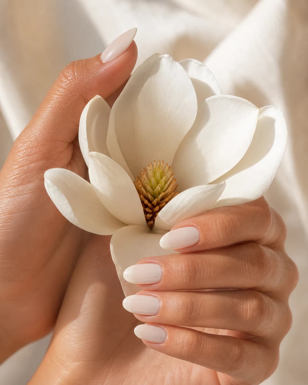 Uñas lechosas Cloud Dancer translúcidas con flor de magnolia