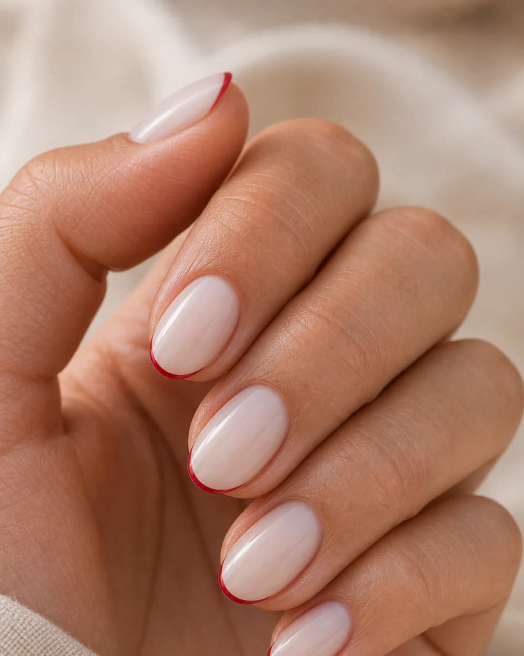 Uñas almendradas cortas con micro francesa en rojo cereza ultrafina sobre base lechosa