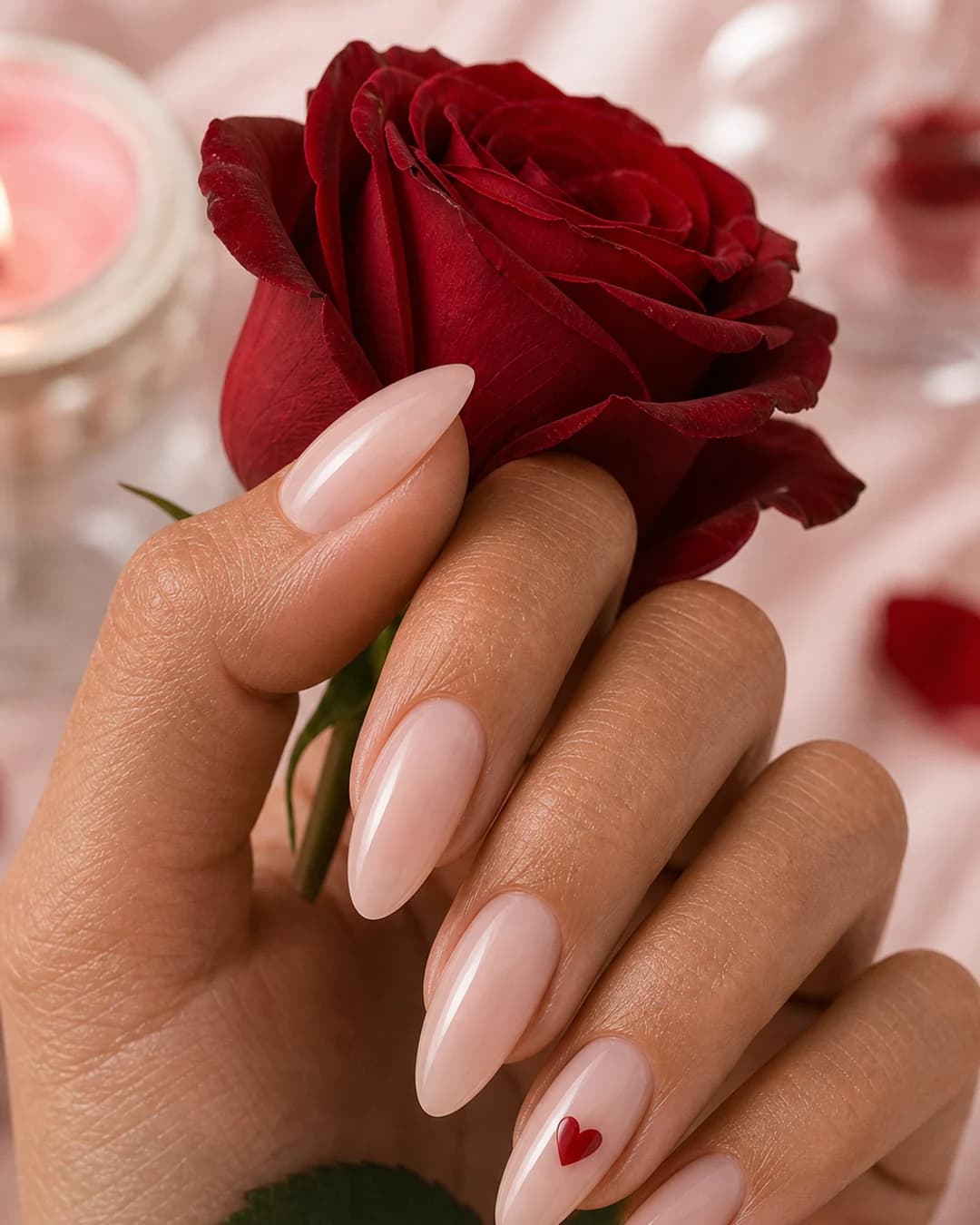 Uñas nude con un microcorazón rojo pintado en el anular San Valentín